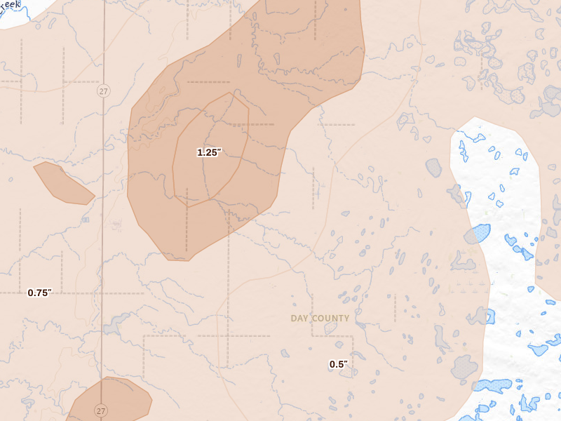 Radar-estimated hail-size map of the storm over Pierpont, SD on Jun 29, 2026