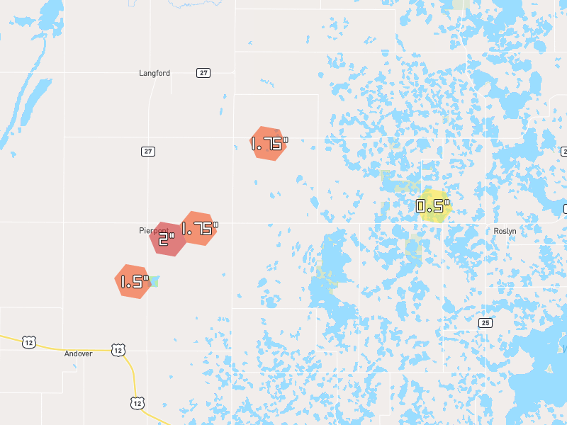 Hail map of Pierpont, SD on Jun 29, 2026, hail up to 2"