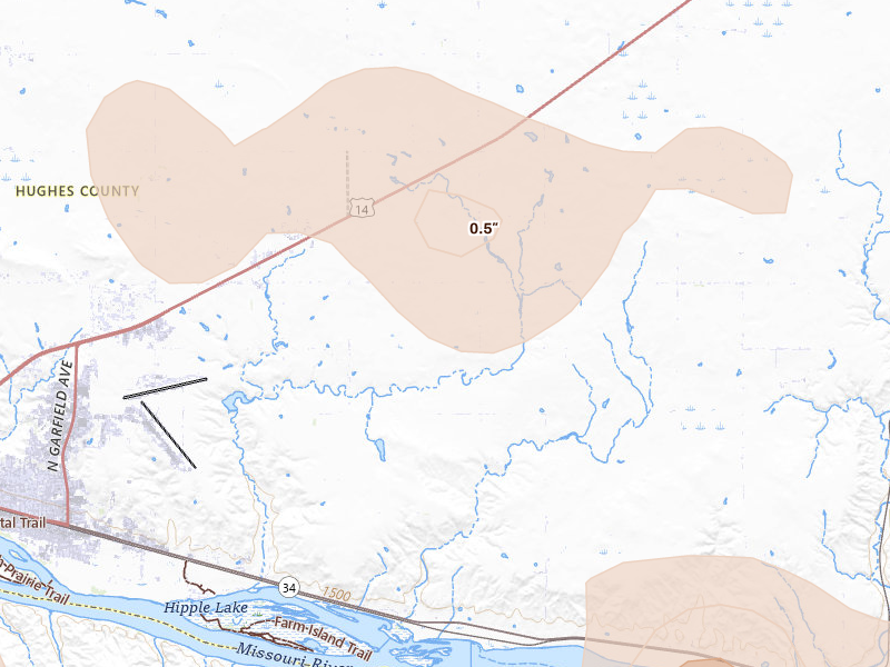 Radar-estimated hail-size map of the storm over Pierre, SD on Jun 4, 2026
