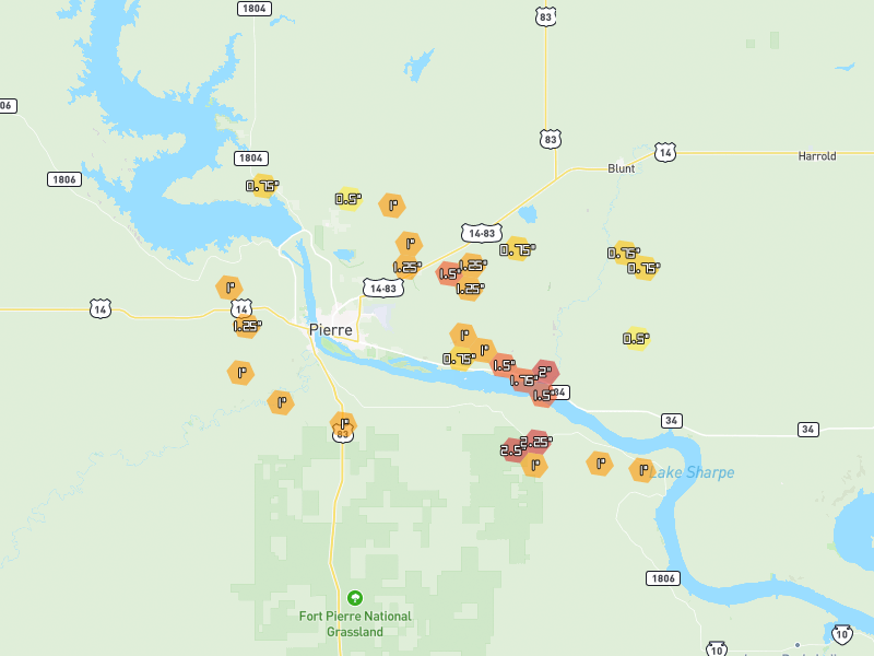Hail map of Pierre, SD on Jun 5, 2026, hail up to 2.5"