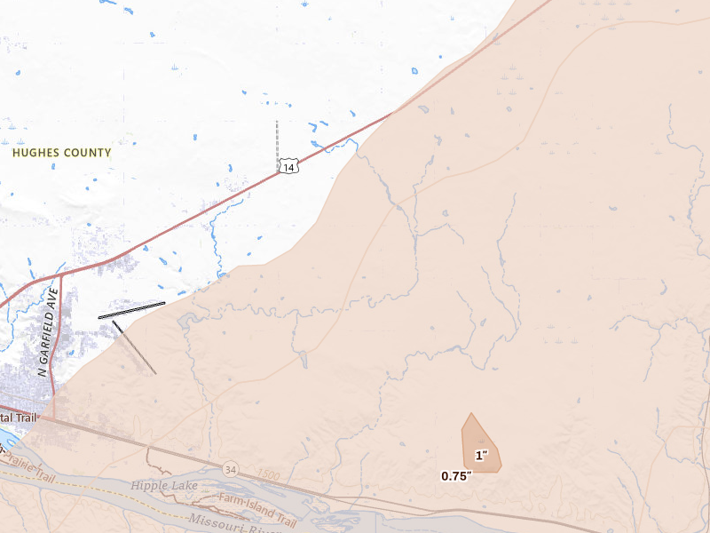 Radar-estimated hail-size map of the storm over Pierre, SD on Jun 28, 2026