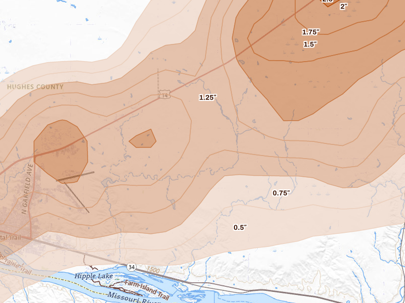 Radar-estimated hail-size map of the storm over Pierre, SD on Jul 25, 2026