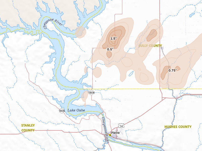 Radar-estimated hail-size map of the storm over Pierre, SD