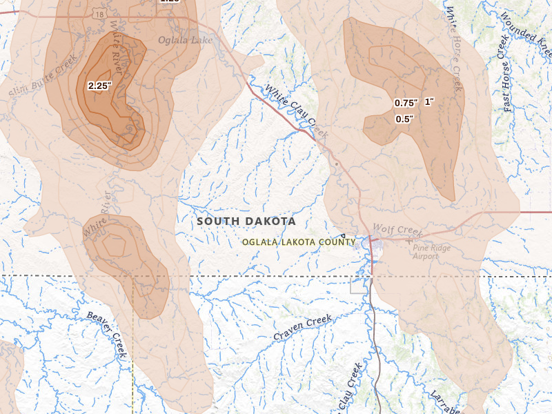 Radar-estimated hail-size map of the storm over Pine Ridge, SD on May 30, 2026