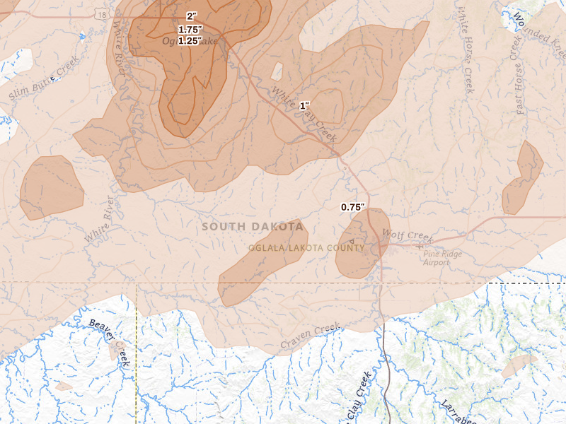 Radar-estimated hail-size map of the storm over Pine Ridge, SD on Jun 2, 2026