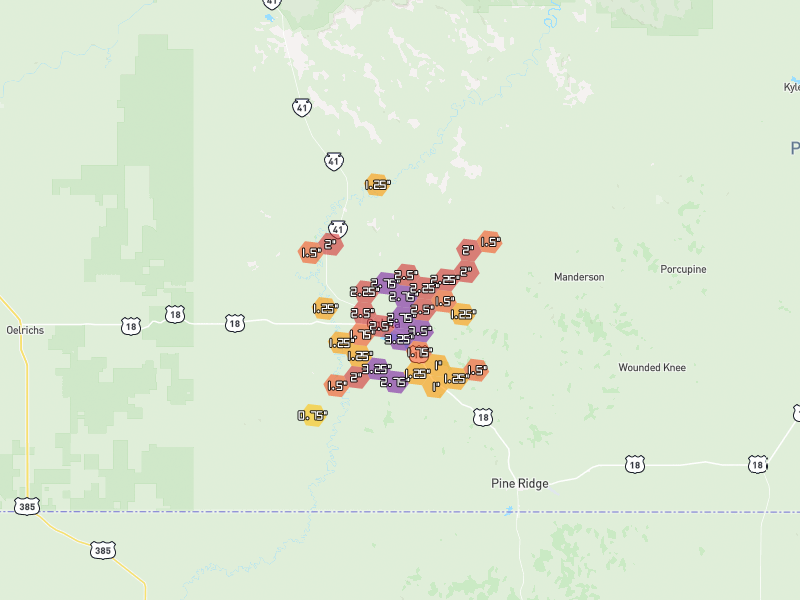 Hail map of Pine Ridge, SD on Jun 2, 2026, hail up to 3.5"