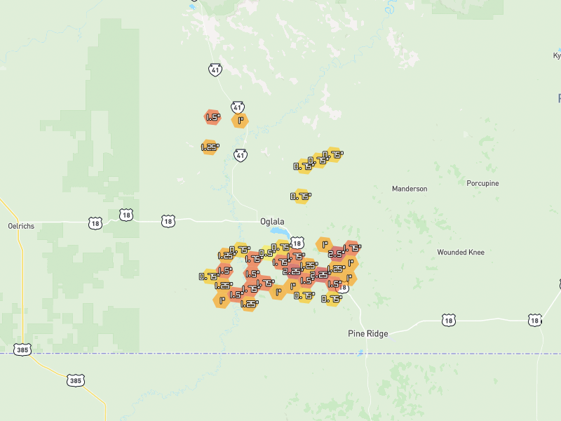 Hail map of Pine Ridge, SD on Jun 3, 2026, hail up to 2.5"