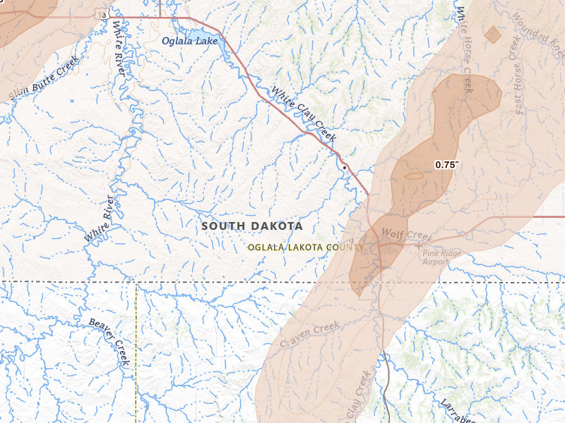 Radar-estimated hail-size map of the storm over Pine Ridge, SD on Jun 27, 2026