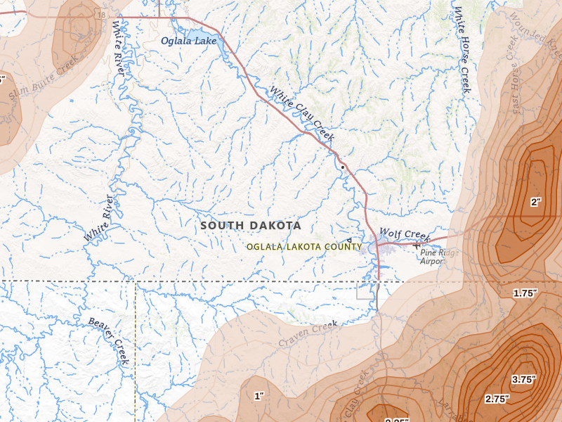 Radar-estimated hail-size map of the storm over Pine Ridge, SD on Jun 28, 2026