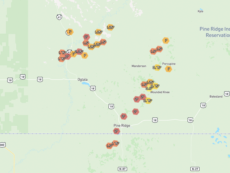 Hail map of Pine Ridge, SD on Jun 28, 2026, hail up to 2.25"