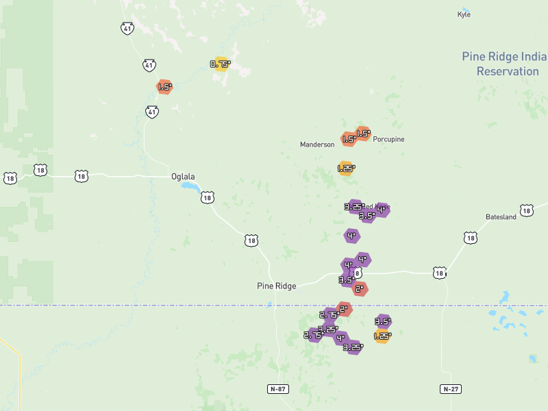 Hail map of Pine Ridge, SD on Jun 29, 2026, hail up to 4"