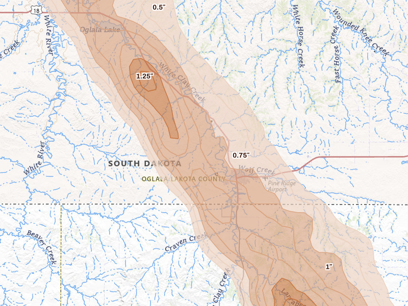 Radar-estimated hail-size map of the storm over Pine Ridge, SD on Aug 11, 2026