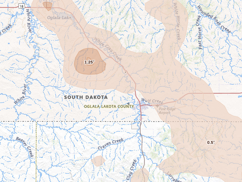 Radar-estimated hail-size map of the storm over Pine Ridge, SD on Aug 16, 2026