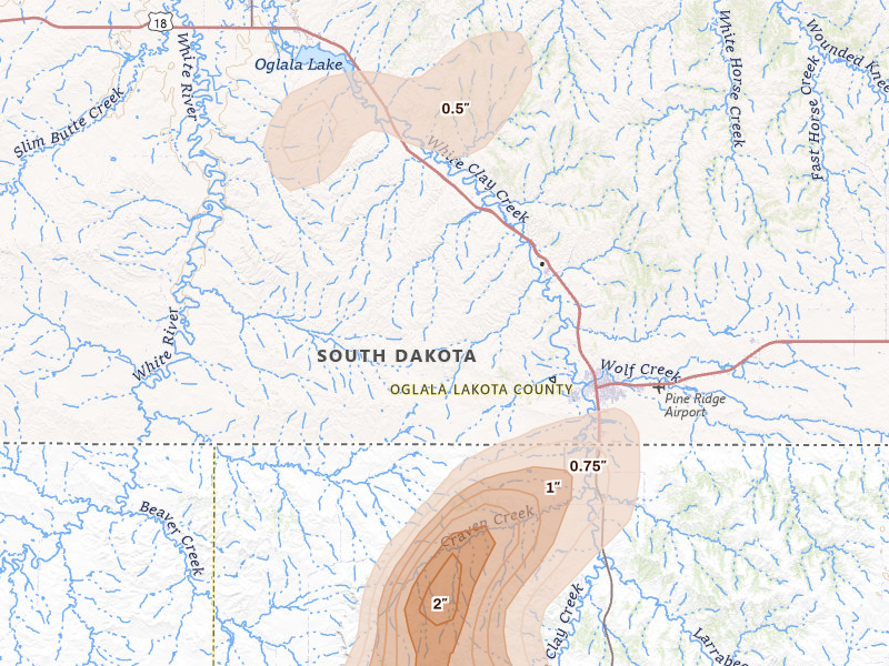 Radar-estimated hail-size map of the storm over Pine Ridge, SD on Sep 5, 2026