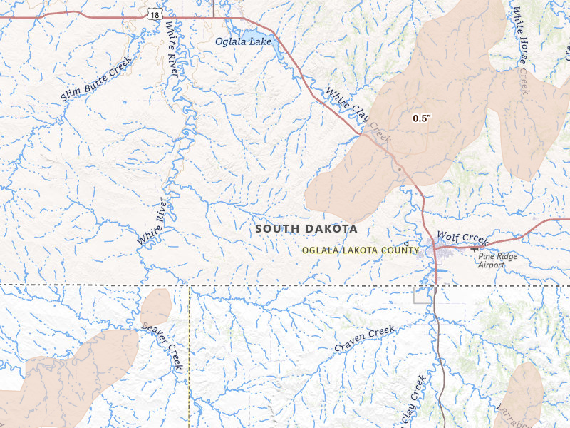 Radar-estimated hail-size map of the storm over Pine Ridge, SD