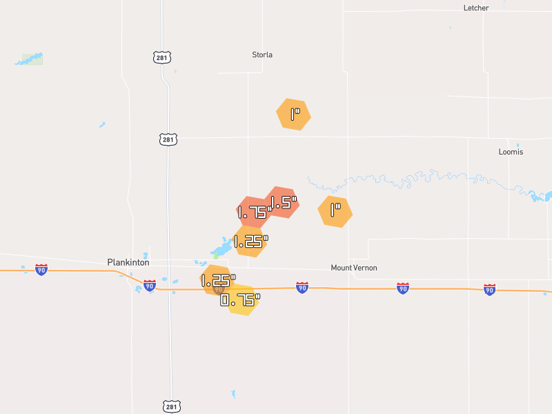 Hail map of Plankinton, SD on Jul 2, 2026, hail up to 1.75"