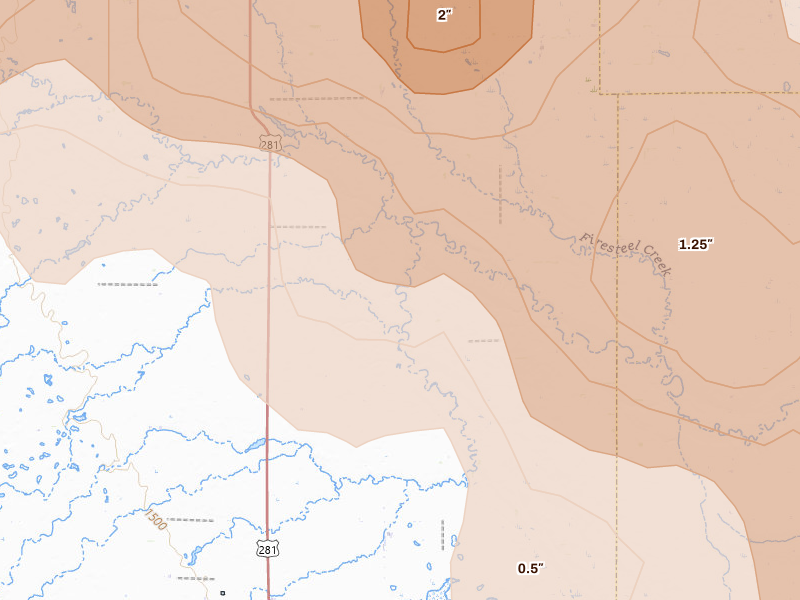 Radar-estimated hail-size map of the storm over Plankinton, SD on Sep 4, 2026