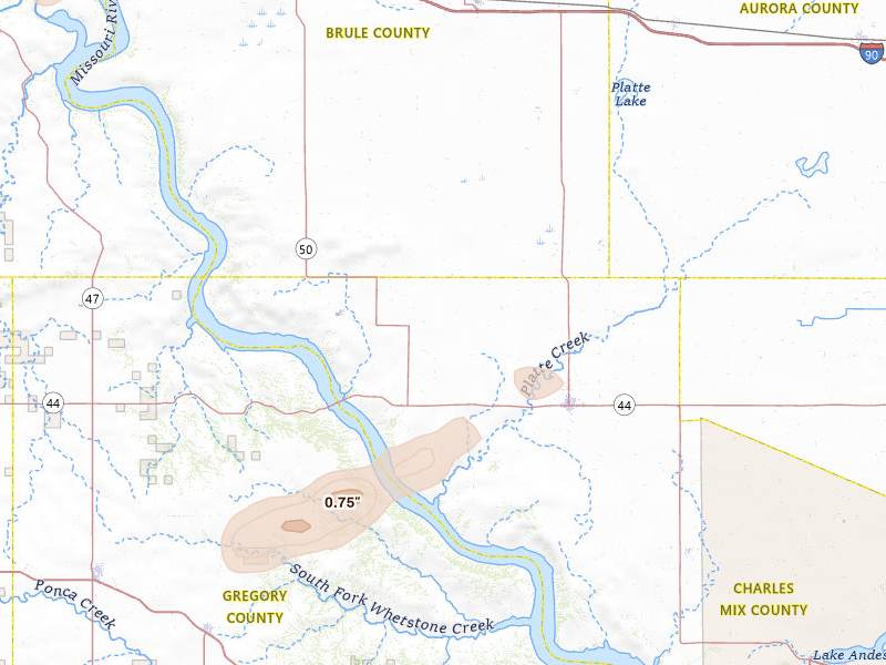 Radar-estimated hail-size map of the storm over Platte, SD on Jul 6, 2026