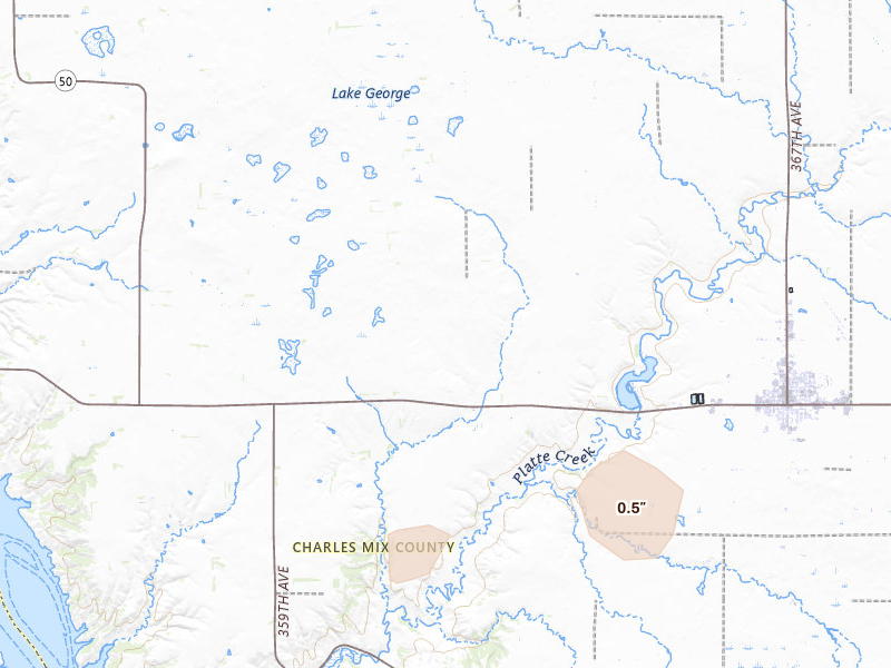Radar-estimated hail-size map of the storm over Platte, SD on Aug 3, 2026