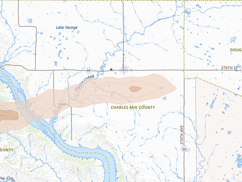 Radar-estimated hail-size map of the storm over Platte, SD on Aug 17, 2026