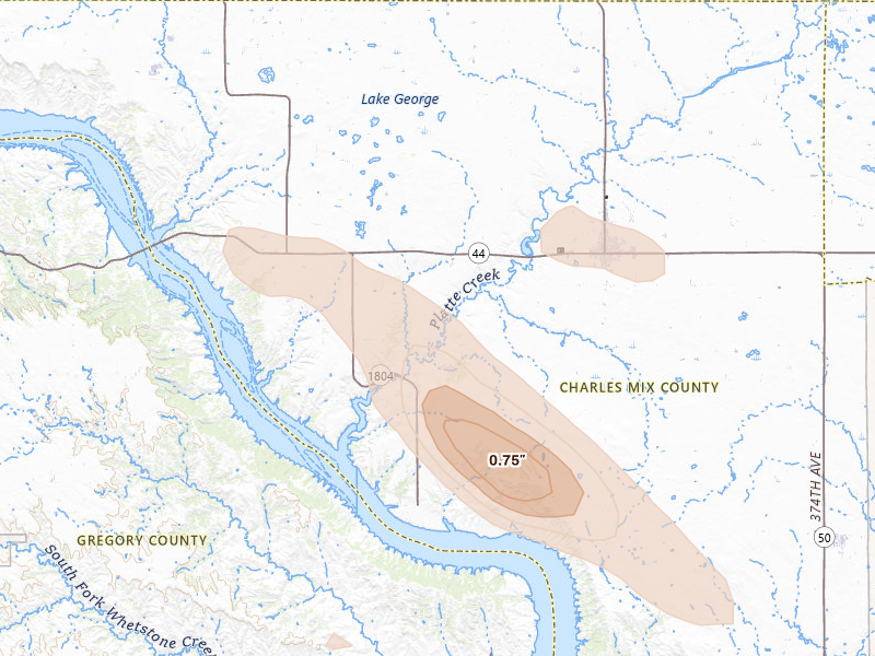 Radar-estimated hail-size map of the storm over Platte, SD on Aug 23, 2026