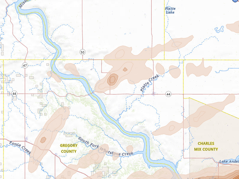 Radar-estimated hail-size map of the storm over Platte, SD on Sep 1, 2026