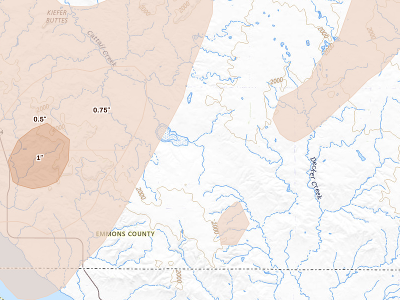 Radar-estimated hail-size map of the storm over Pollock, SD on Jun 9, 2026