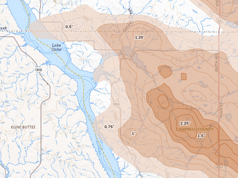 Radar-estimated hail-size map of the storm over Pollock, SD on Aug 8, 2026