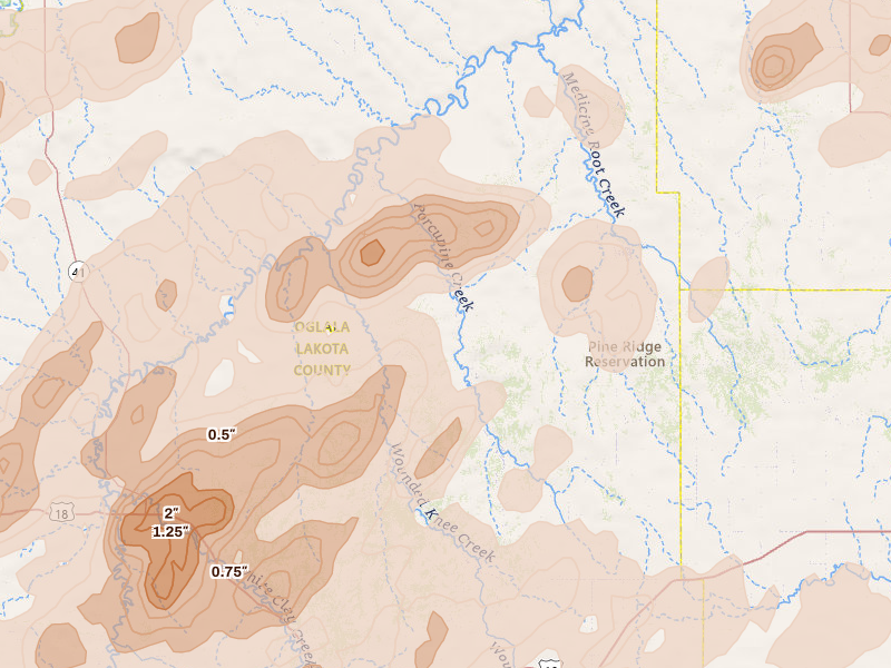 Radar-estimated hail-size map of the storm over Porcupine, SD on Jun 2, 2026