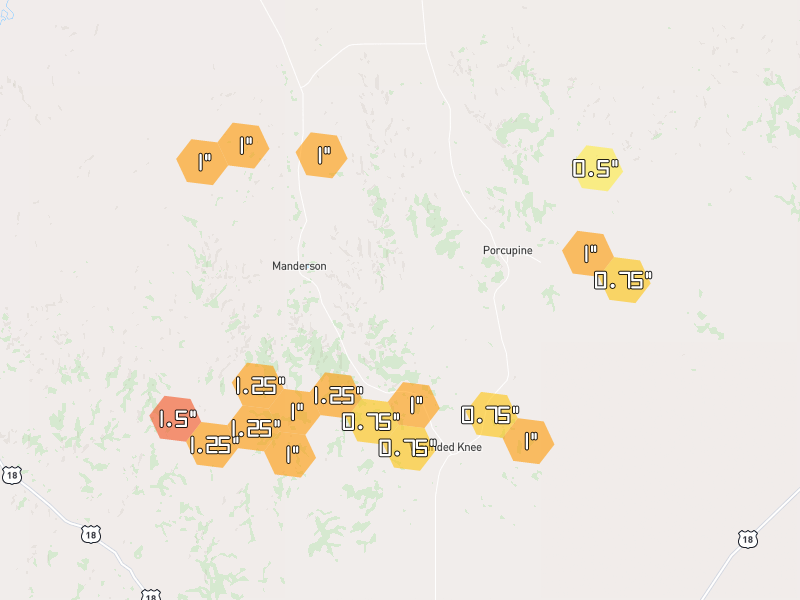 Hail map of Porcupine, SD on Jun 3, 2026, hail up to 1.5"