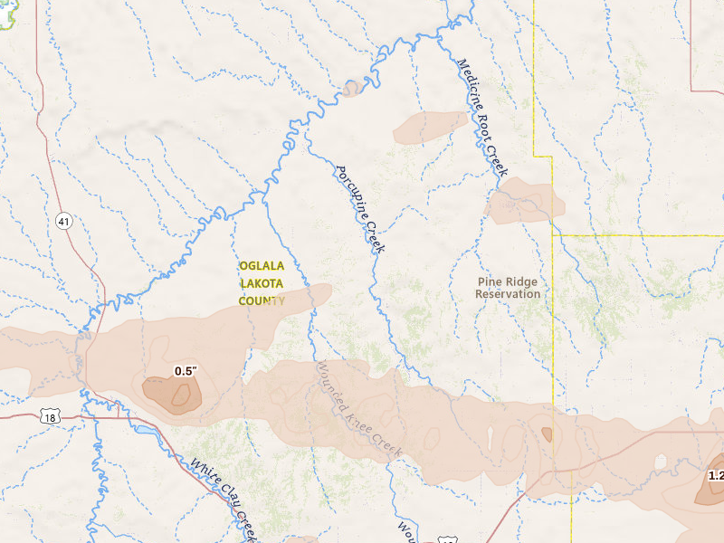 Radar-estimated hail-size map of the storm over Porcupine, SD on Jun 4, 2026