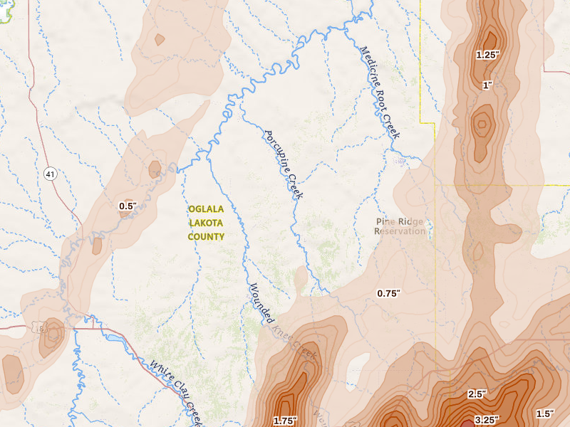 Radar-estimated hail-size map of the storm over Porcupine, SD on Jun 28, 2026