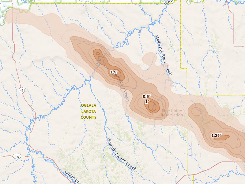 Radar-estimated hail-size map of the storm over Porcupine, SD on Aug 17, 2026