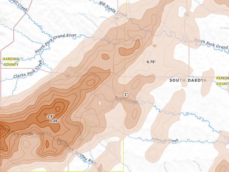 Radar-estimated hail-size map of the storm over Prairie City, SD on Jun 7, 2026