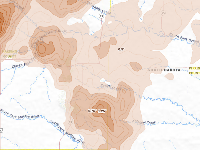 Radar-estimated hail-size map of the storm over Prairie City, SD on Jun 27, 2026