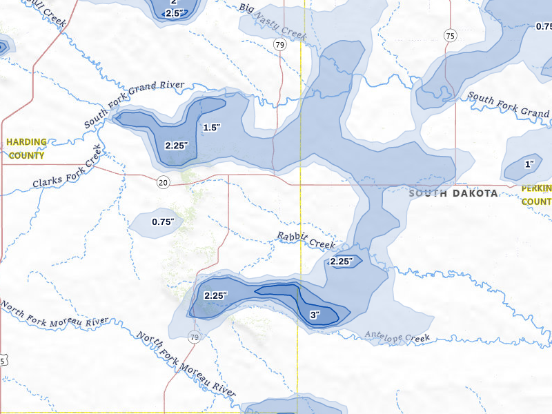 NEXRAD radar-signature map of the hail storm over Prairie City, SD on Jun 27, 2026