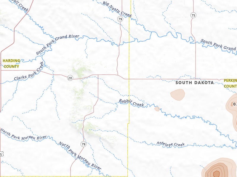 Radar-estimated hail-size map of the storm over Prairie City, SD on Jul 2, 2026