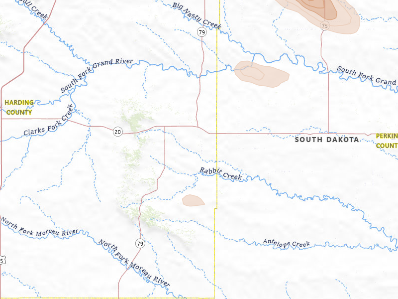 Radar-estimated hail-size map of the storm over Prairie City, SD on Jul 9, 2026