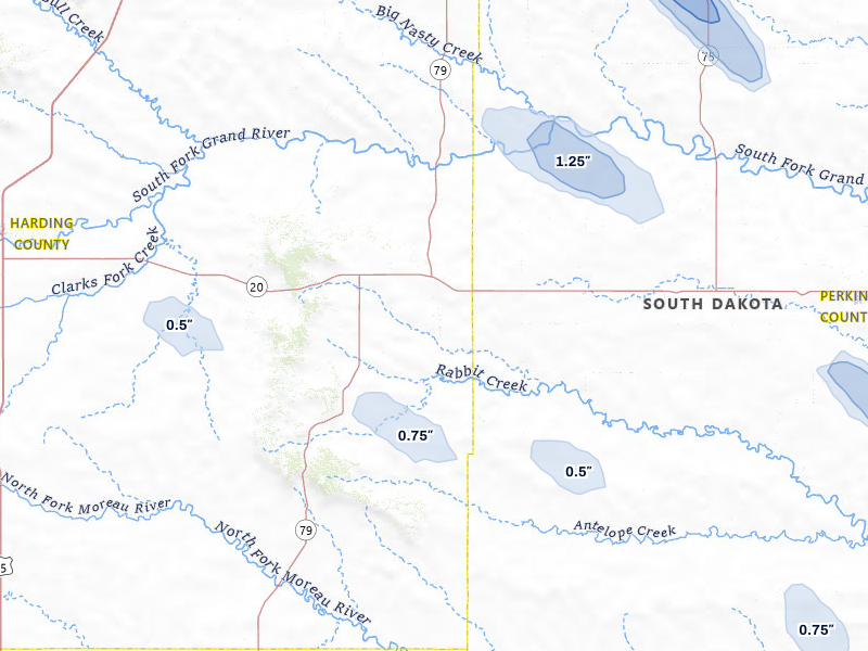 NEXRAD radar-signature map of the hail storm over Prairie City, SD on Jul 9, 2026