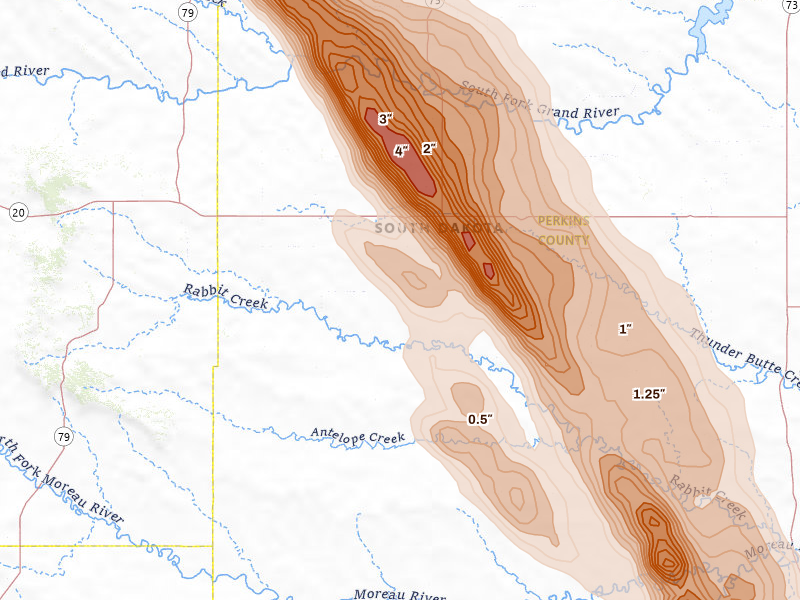 Radar-estimated hail-size map of the storm over Prairie City, SD on Aug 10, 2026