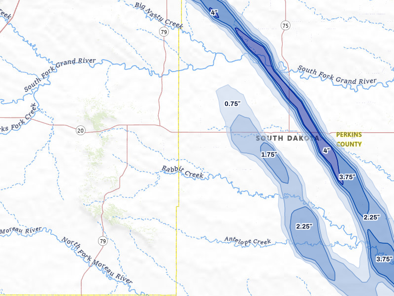 NEXRAD radar-signature map of the hail storm over Prairie City, SD on Aug 10, 2026