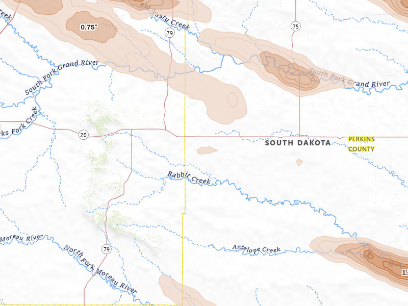 Radar-estimated hail-size map of the storm over Prairie City, SD on Aug 17, 2026