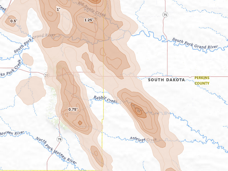 Radar-estimated hail-size map of the storm over Prairie City, SD on Aug 23, 2026