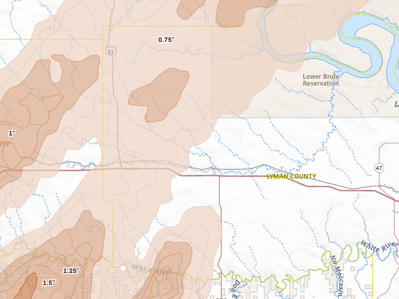 Radar-estimated hail-size map of the storm over Presho, SD on Jun 28, 2026