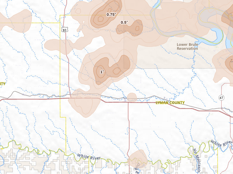 Radar-estimated hail-size map of the storm over Presho, SD on Jul 2, 2026