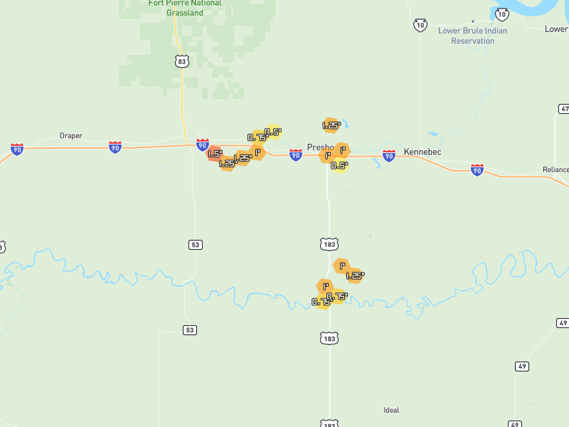 Hail map of Presho, SD on Jul 3, 2026, hail up to 1.5"