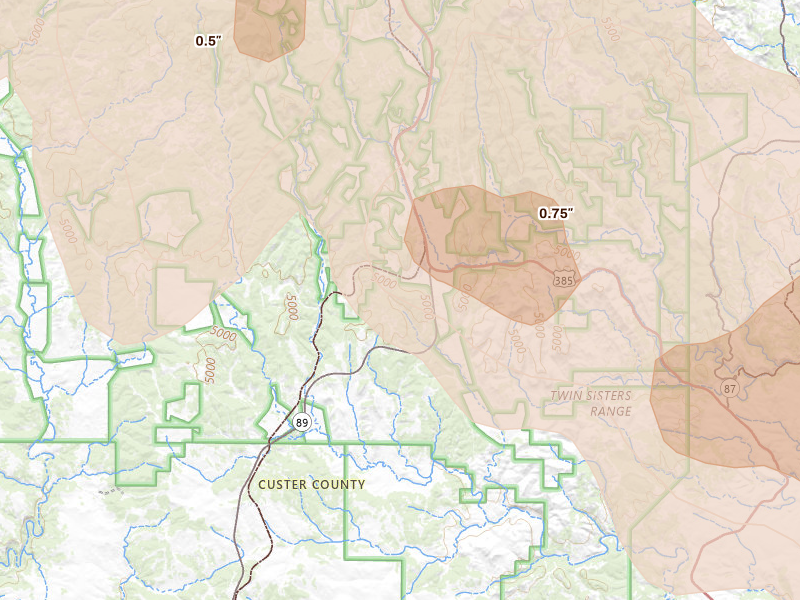 Radar-estimated hail-size map of the storm over Pringle, SD on Jun 22, 2026