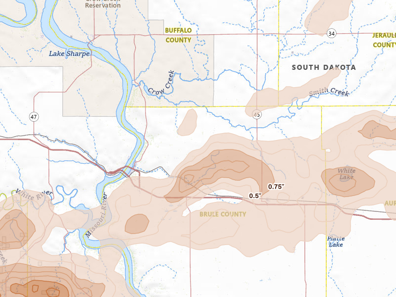 Radar-estimated hail-size map of the storm over Pukwana, SD on Jun 3, 2026