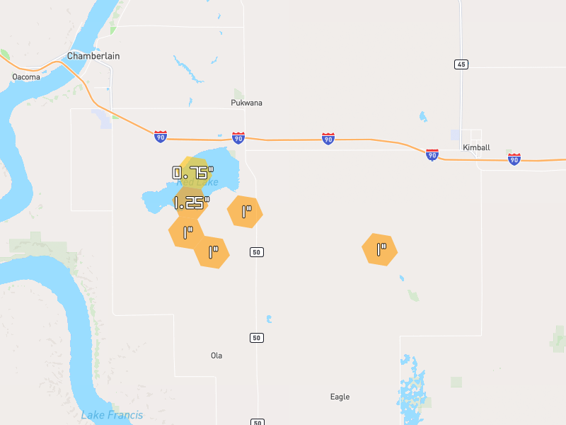 Hail map of Pukwana, SD on Jun 3, 2026, hail up to 1.25"