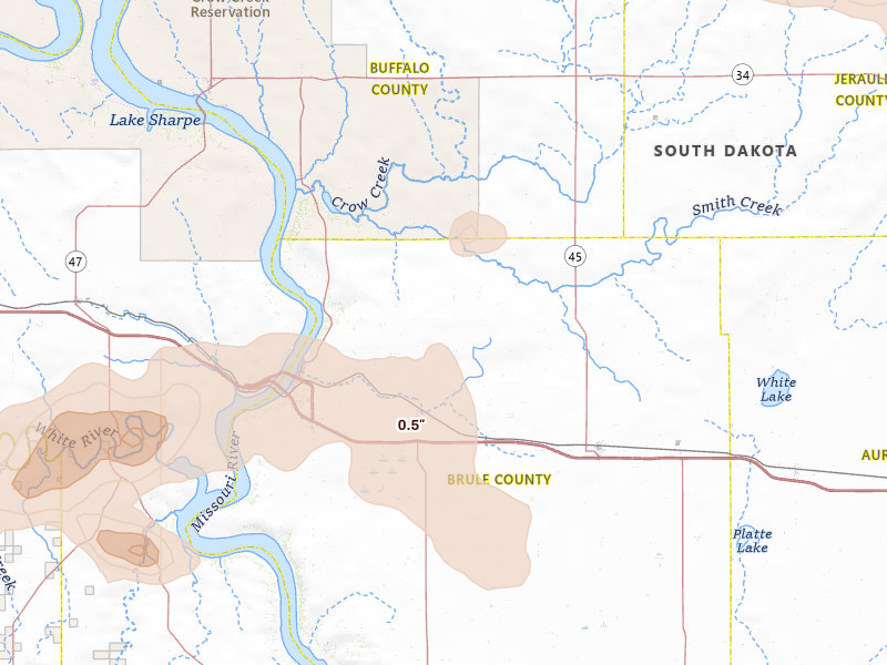 Radar-estimated hail-size map of the storm over Pukwana, SD on Jun 4, 2026